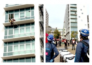 高層建物からの救出訓練